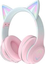 Animacinės "Bluetooth" ausinės, "Bluetooth" ausinės su LED šviesa, SD kortelės lizdu, 3,5 mm lizdu, belaidės / laidinės sulankstomos berniukams, mergaitėms ir suaugusiesiems (pilkai rožinės spalvos)