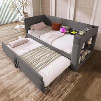 ANIROY miegamoji sofa 90 x 200 cm, viengulė/dvigulė lova su USB ir Type-C įkrovimo lizdais, apmušta lova, dieninė sofa, miegamoji sofa su išstumiamąja lova ir groteliniu rėmu, lininė, be čiužinio, pilka
