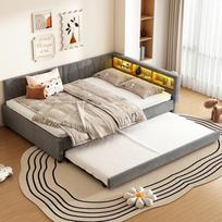 ANIROY Sofa lova 140 x 200 cm su ištraukiama lova, dvigulė lova su LED ir USB, dieninė lova, dieninė lova, sofos lovos rėmas su skersiniu rėmu, lininė, be čiužinio, pilka