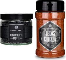 Ankerkraut fermentuoti pipirai, 150 g stiklainyje, nedžiovintos pipirų uogos, rafinuotos su drėgna jūros druska ir Texas Chicken BBQ Rub, 230 g