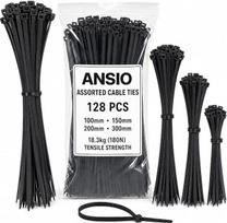 ANSIO kabelių surišimo juostos, įvairių dydžių, 128 vnt., 4 dydžių (100 mm, 150 mm, 200 mm ir 300 mm), juodas nailonas, 66 kabelio raišteliai, 18,3 kg tempimo stipris, savaime užsifiksuojantys vieliniai raišteliai, skirti kabelių tvarkymui, sodui