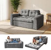 Ant grindų statoma sofa-lova su pagalvėmis atlošui ir porankiais, 140 cm pločio, sulankstoma sofa, „2-in-1“ dizainas, skirta svetainei, miegamajam ir svečių kambariui, tamsiai pilkos spalvos