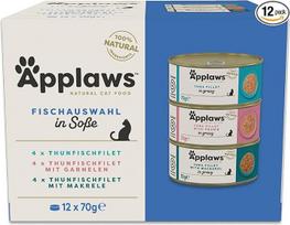 Applaws 100% natūralus drėgnas suaugusių kačių ėdalas "Fish Assortment in Sauce Multipack" 12×70g skardinių