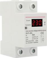 Apsauga nuo viršįtampių, Lti 40 apsauga nuo viršįtampių, įtampos stabilizatorius 230 V, laikmatis, telerūteris su 2 moduliais 230 V 40 A, automatinis atkūrimas po viršįtampio ir stiprintuvas; apsauga nuo per mažos įtampos, DIN