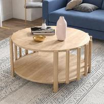 Apvalus kavos staliukas, 70 cm, pagalbinis staliukas, skandinaviško stiliaus svetainės staliukas, pagamintas iš MDF su medžio imitacija, su dviem lentynomis, tvirta daugiakoloniška konstrukcija, erdvę taupantis staliukas mažoms patalpoms (medžio imitacija