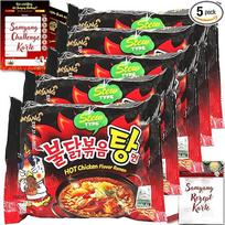 Asiafoodland - "Samyang Buldak Ramen" rinkinys - troškinys - aštrus Ramen makaronų troškinys iš Pietų Korėjos - su iššūkiu ir recepto kortele, 5 vnt. (5 x 140 g)