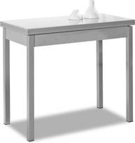 ASTIMESA išsiskleidžiantis virtuvės stalas be stalčiaus – 80 x 40 cm (80 x 80 cm) – konstrukcijos ir stalviršio vidinė spalva: aliuminis – stiklinis stalviršis: baltas