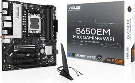 ASUS B650EM MAX Gaming WiFi, AMD mATX pagrindinė plokštė, DDR5 lizdas, suderinama su PCIe 5.0, trys M.2 lizdai, „Wi-Fi 6“, „Ethernet“ su „Realtek“ 1GB, „DisplayPort“, HDMI, USB-A ir USB-C 10Gbps, „BIOS Flashback“, „Aura Sync“