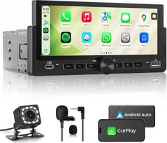 Automobilinis radijo imtuvas 1 DIN su belaidžiu "CarPlay" ir "Android Car", "Bluetooth" laisvų rankų sistema, FM radijas, ekranas, valdymas vairu, "MirrorLink", "Aux" įvestis, ekvalaizeris (6,86 colio su atbulinės eigos kamera)