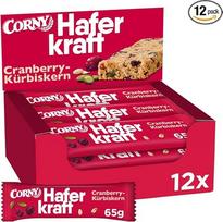 Avižų batonėlis „Corny Haferkraft“ su spanguolėmis ir moliūgų sėklomis, veganiškas, 12 x 50 g