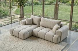 B&B HOME „Big-Sofa Vitton II“, L formos, velveto apmušalas, smėlio spalvos, miego funkcija, lovos dėžė, skandinaviško stiliaus (su kairiuoju porankiu)