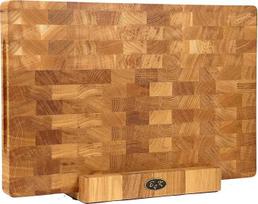 B4K pjaustymo lenta su ąžuolo galiniu mediniu stovu 45 × 30 × 4 cm - kietas pjaustymo blokas | Antibakterinė galinė medinė lenta su rankenomis ir silikoninėmis kojelėmis | Puikiai tinka virtuvei, mėsai ir griliui