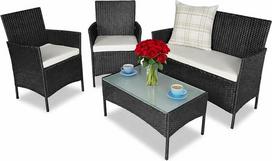 BAKAJI „Polyrattan“ komplektas: fotelis ir sodo stalas, pilnas poilsio komplektas (sofa, stalas, rotango baldai, sodo baldai), juodos spalvos, standartinis