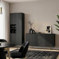 Baldų komplektas – matinės juodos spalvos 2 dalių moderni sieninė spinta su 1 vitrina ir 1 bufetu
