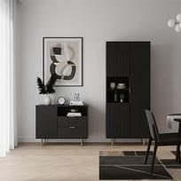 Baldų komplektas: matinės juodos spalvos 2 dalių moderni sieninė spinta, 1 vitrina, 1 komoda