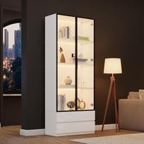Balta vitrina su LED apšvietimu, stiklinė vitrina 80 x 34 x 200 cm, aukšta spinta svetainei su stiklinėmis durimis, 2 durimis ir 2 stalčiais, MDF