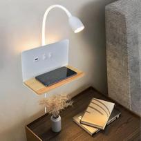 Baltas LED sieninis šviestuvas Vidinis medinis sieninis miegamojo šviestuvas su USB-A ir USB-C jungtimi + 15 W belaidis įkroviklis, lankstus "Gooseneck" skaitymo šviestuvas, lova, 3 spalvų temperatūros režimai, lovos šviestuvas su 1,5 m kabeliu