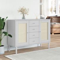 Baltos spalvos rotango spintelė iš pušies masyvo 112 x 40 x 80 cm su 4 stalčiais ir 4 skyriais, skirta svetainei, virtuvei, prieškambariui
