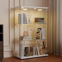 Baltos spalvos stiklinė vitrina su LED, 125 x 79 x 36,5 cm, moderni stiklinė vitrina su 3 lentynomis, pagaminta iš ESG, skirta kolekcionuojamiems daiktams, knygoms, vynui