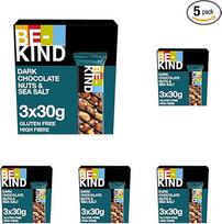 BE-KIND, Šokoladiniai grūdų batonėliai, be glitimo, užkandžiai, tamsus šokoladas, riešutai ir jūros druska, 3 x 30 g (5 vnt.)