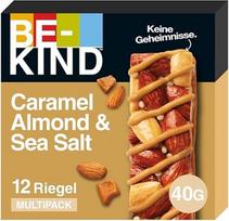 BE-KIND „Karamelė, migdolai ir jūros druska“, be glitimo, riešutų batonėlis, 12 x 40 g | Be glitimo riešutų batonėlis su karamele, migdolais ir jūros druska — daug ląstelienos turintis užkandis, tinkamas biurui, grįžimui į mokyklą ar dalijimuisi