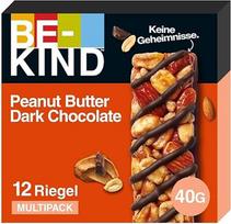 BE-KIND žemės riešutų sviestas, tamsus šokoladas, užkandžiai be glitimo - daug skaidulinių medžiagų, be dirbtinių dažiklių, skonių ir konservantų - 12 x 40 g