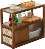 Beistelltisch aus Bambus & Rattan mit Glasplatte - 2-in-1 Beistelltisch und Nachttisch mit Schubladenaufbewahrung für kleine Räume, Schlafzimmer, Wohnzimmer, Walnuss