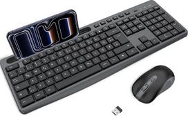 Belaidė klaviatūra ir pelė „OMOTON QWERTZ“ su tyliu skaitmenų klavišynu, skirta kompiuteriui | 2,4 GHz „Plug & Play“ USB 3 DPI pelė su ergonomišku integruotu telefono laikikliu, skirta „Windows“ nešiojamiesiems kompiuteriams