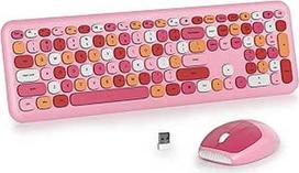 Belaidė klaviatūra ir pelė, retro spalvinga belaidė klaviatūra su tyliąja pele, amerikietiška QWERTY, miela belaidė rašomosios mašinėlės klaviatūra, USB 2,4 GHz, skirta kompiuteriui, 666-rožinė