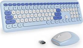 Belaidė klaviatūra ir pelė, spalvinga retro stiliaus klaviatūra su tylia pelė, amerikietiška QWERTY klaviatūra, miela belaidė pilno dydžio rašomosios mašinėlės stiliaus klaviatūra, USB 2,4 GHz, skirta kompiuteriui, 666pro-Blue