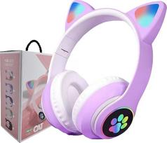 Belaidės ausinės su kačių ausimis, „Bluetooth“ ausinės vaikams, dengiančios ausis, su RGB LED apšvietimu, kačių ausimis ir mikrofonu. (Violetinės)