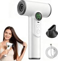 Belaidis įkraunamas plaukų džiovintuvas, nešiojamasis plaukų džiovintuvas su skaitmeniniu ekranu, 3 šilumos ir oro greičio lygiai, įkrovimas per USB-C jungtį, lengvas, kompaktiškas, kelioninis ir namų bei bendrabučio džiovintuvas