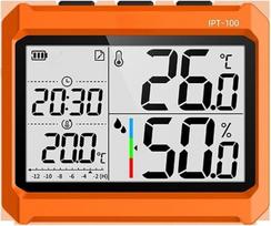 Belaidis temperatūros ir drėgmės matuoklis IPT 100, skirtas pramonei, tikslumas ±0,5 °C, duomenų registravimas per programėlę, matavimo diapazonas nuo -20 °C iki 70 °C, atsparus smūgiams korpusas su išoriniu jutikliu, oranžinis (prietaisas)