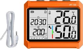 Belaidis temperatūros ir drėgmės matuoklis IPT 100, skirtas pramonei, tikslumas ±0,5 °C, duomenų registravimas per programėlę, matavimo diapazonas nuo -20 °C iki 70 °C, atsparus smūgiams dizainas su išoriniu zondu, oranžinis (prietaisas ir zondas)