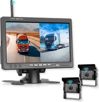 Belaidžių atbulinės vaizdo kamerų rinkinys su 2 kameromis, 7 colių HD monitoriumi, 1080P raiška, IP68 atsparumas vandeniui, naktinio matymo funkcija, BSD, vaizdo apvertimas, atbulinės eigos pagalba sunkvežimiams, autobusams, furgonams, kemperiams, priekab
