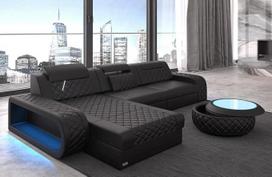 Berlyno L formos kampinė odinė sofa su LED apšvietimu Odinė sofa-lova su galvos atlošais (kairėje pusėje, juoda)