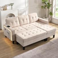 Bėžinė 185 cm daugiafunkcinė L formos modulinė sofa su LED apšvietimu ir dideliu pėdų atlošu, išskleidžiama sofa-lova