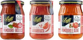 Biffi - Raudonųjų makaronų padažų mišinys - Pomidorų bazilikų 190g - Arrabbiata (Pomodoro e Peperoncino) 190g - Pomidorų alyvuogių padažas su kaparėliais 190g - Daugkartinė pakuotė - 3 stiklinės 190g