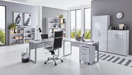Biuro baldų komplektas „Study Office Edition“, šviesiai pilkos ir baltos spalvų, blizgus paviršius (6 vnt. rinkinys)