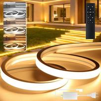 BRIMETI LED juosta, reguliuojamo ryškumo, skirta lauko sąlygoms, 230 V, neoninė, CCT, 10 m, vandeniui atspari šviesos juosta, IP65, šilta balta / neutrali balta / balta, 120 LED/m, su silikonine juosta, lauko sąlygoms, su maitinimo šaltiniu ir nuotolinio