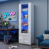 BTM balta blizgaus stiklo vitrina Stovinti vitrina LED apšvietimas Vertikali vitrina 3 stalčiai 60 x 35 x 180 cm