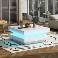 BTM baltas kvadratinis kavos staliukas - modernus technologinis stilius su "Bluetooth" LED juostele 70 x 70 x 36 cm Didžiausia apkrova 45 kg