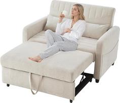 BTM sofa lova su miego funkcija, 2 sėdimų vietų sofa lova Lininė sofa lova, ištiesiamas reguliuojamas atlošas mažoms erdvėms, smėlio spalvos