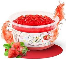 Bubble Tea Express Fruity Popping Boba Pearls Strawberry 490 g Vaisių skonio burbulinės arbatos rutuliukai Vegan, be glitimo, be laktozės, vaisių sulčių rutuliukai su dumblių apvalkalu