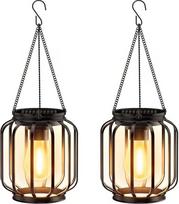 BUCASA Sodo saulės žibintai, skirti kabinti lauke, 2 saulės žibintų pakuotė su didele LED lempa, IP65 vandeniui atsparūs metaliniai saulės žibintai lauke, terasoje, vejoje, balkone, kieme, sode