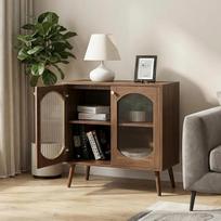 Bufetas 80 x 80 x 40 cm Virtuvės spintelė | Rėmas iš masyvios medienos su 2 durelėmis, kruopščiai pagamintas gofruotas stiklas, tvirtos metalinės kojelės
