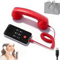 C tipo "Retro" telefono stiliaus fiksuotojo ryšio telefono rankenos imtuvas, senovinis laidinis rankinis mobiliojo telefono imtuvas su mikrofonu, senovinis senovinis telefono ragelis, skirtas "iPhone" ir "Android" (raudonas, C tipo)