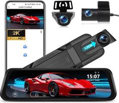 CAMECHO 2K Retrovisor 9.66 Pulgada Mirror Dash Cam Coche Con 2 Cámara 1080P, Delantera 150° y Trasera Dash Cam 120° Con Línea Inversa, Visión Nocturna, Sensor G, WiFi App Control