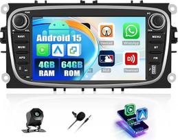 CAMECHO 4+64G „Android 15“ automobilių radijas su 7 colių ekranu, skirtas „Ford Focus II“, „S-Max“, „Mondeo 9“, „Galaxy II“ ir „C-Max“ modeliams, su belaidžiu „CarPlay“, „Android Auto“, GPS navigacija, jutikliniu ekranu, HD raiška, „Bluetooth“, „Wi-Fi“, R