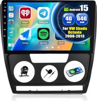 CAMECHO 4+64G „Android 15“ automobilių radijas, 10 colių, skirtas „VW Skoda Octavia“ (2008–2013 m.) su belaidžiu „CarPlay“ ir „Android Auto“, GPS navigacija, radijas, jutikliniu ekranu, HD raiška, „Bluetooth“, „Wi-Fi“, RDS, FM ir atbulinės eigos kamera